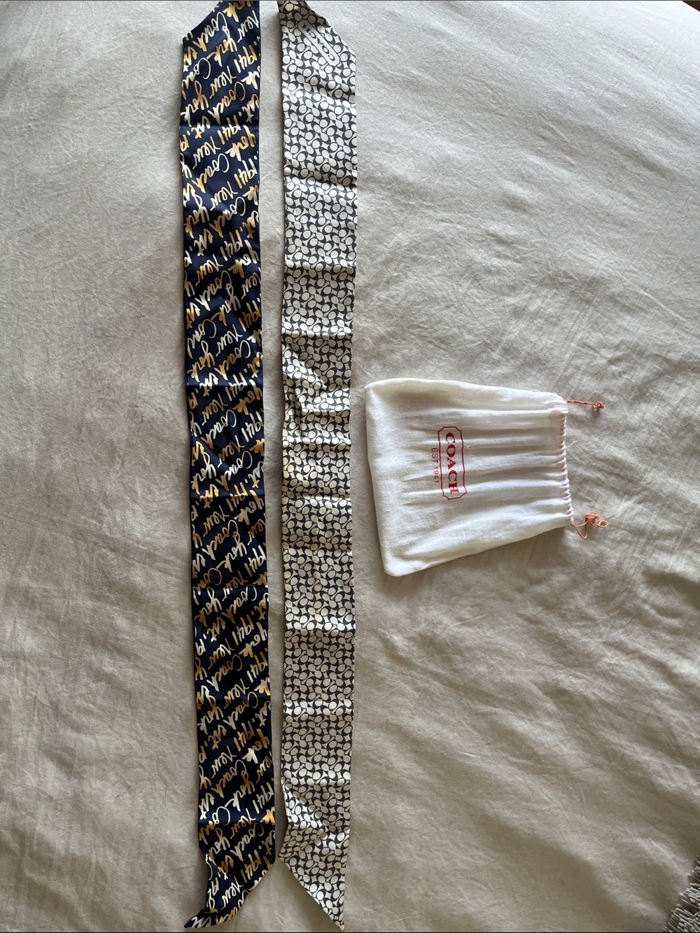 Coach Navy, White and Gold Signature Silk Twilly Scarf - Set of Two with Bag